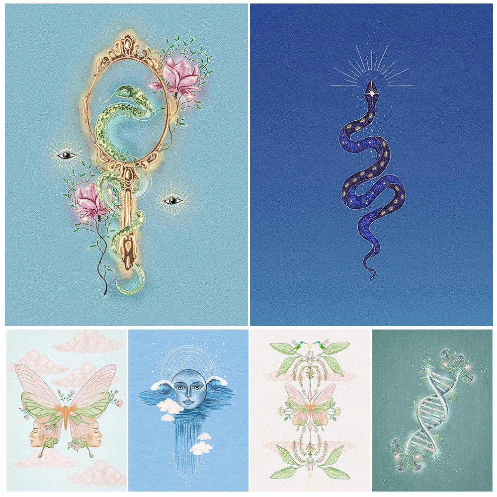 

Mirror Snake,Moon Moth,Human-Faced Butterfly,Occult Wall Art Print Wicca Witchcraft & Magic Element Art Poster Print Home Decor