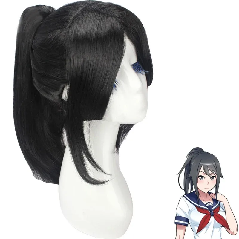 

Game Yandere Simulator Ayano Aishi Cosplay Hair Black Synthetic Removable Ponytail Wig + Wig Cap Halloween Party Accessories