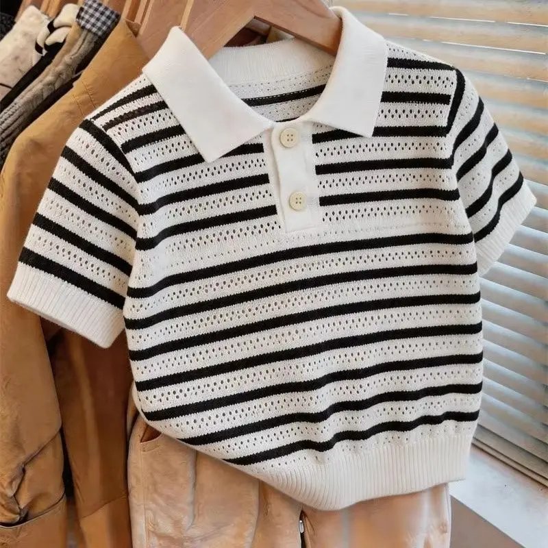 Children Polo Shirt Summer New Fashion Boys Girls Striped Knitted Short Sleeve T-shirt Hollow Out Thin Top Kids Clothing