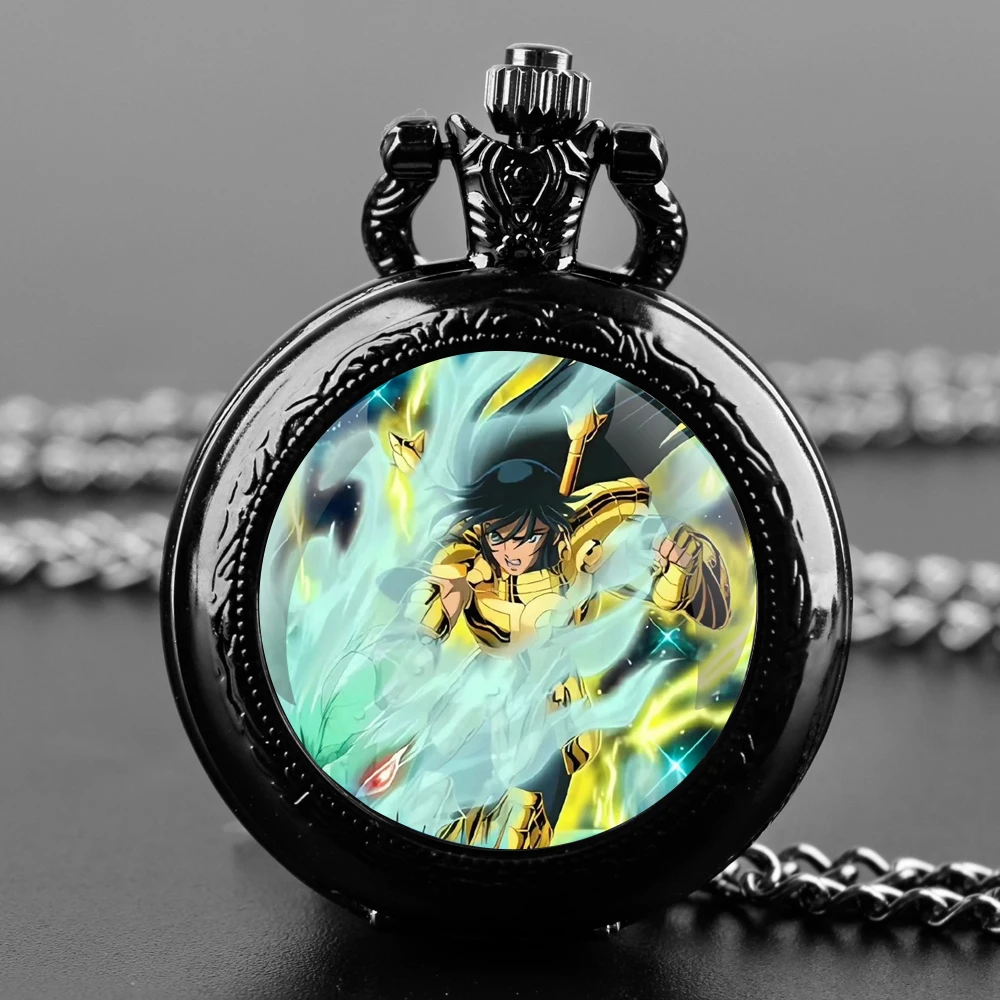 Saint Seiya Glass Dome Black Quartz Pocket Watch with Arabic Numerals Dial and Durable Chain Retro Gift for Men Women