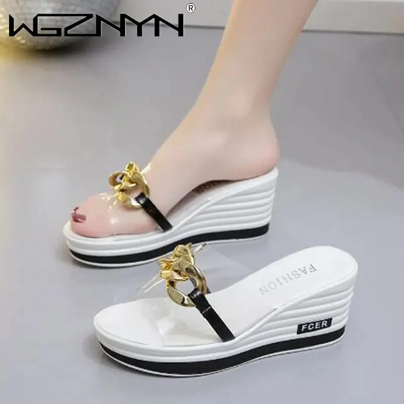 Women Wedges Mid Heels Slipper 2023 Summer New Chain Fashion Slides Transparent Sport Beach Dress Ladies Sandals Flip Flop Pumps