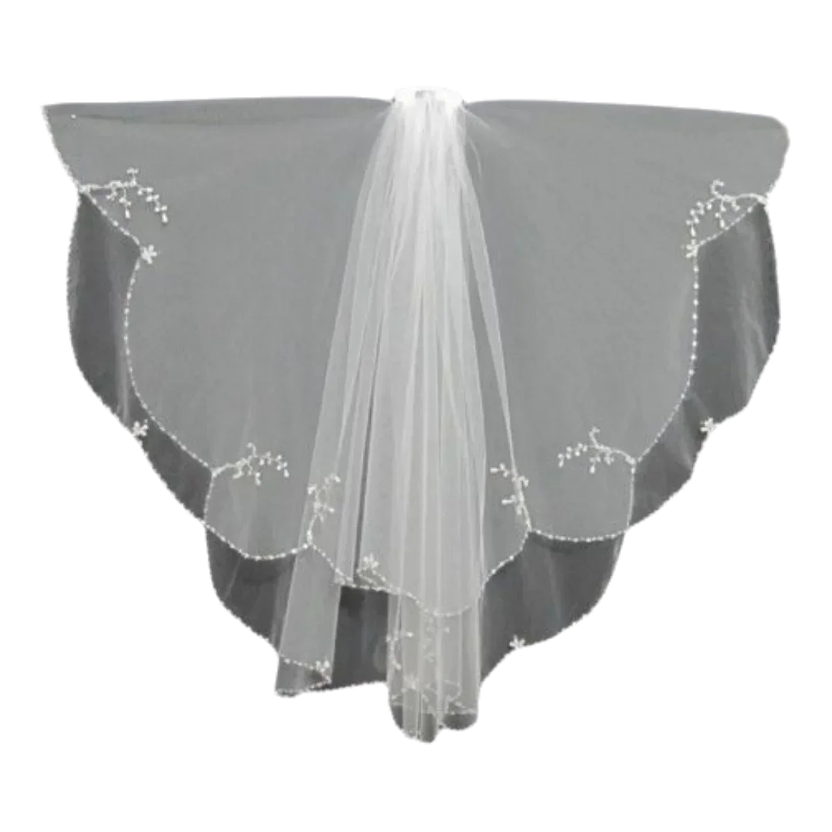 2T 2 Tier Silver Threaded Beaded Fingertip Length  Wedding Head Veil  Cape De Mariée