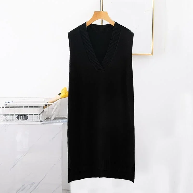 Autumn Winter Sleeveless Knitted Sweater Dress Women Vest Dress Women Long Vest Ladies Pullovers Female Outerwear Pull Femme