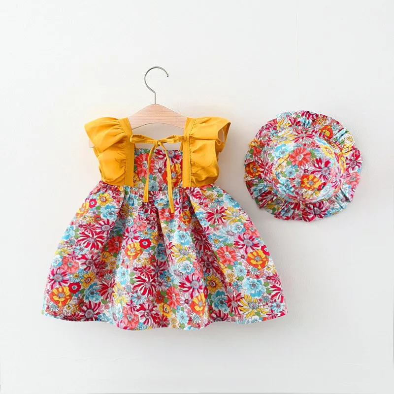 Summer New Floral Baby Girl Dress, Sweet Ruffled Sleeves Children\'S Clothing With Free Hat For Babies Aged 9 Months To 3 Years