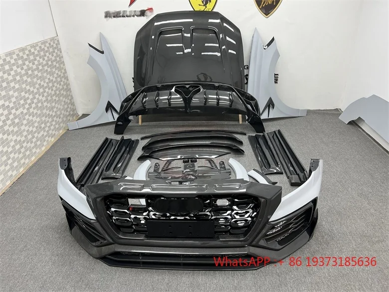 For Audi Q8 RSQ8 Body Kit RSQ8 Q8 Upgrade M Style Half-Carbon Fiber Front Bumper Rear Bumper Spoiler Hood Exhaust Pipe Fender