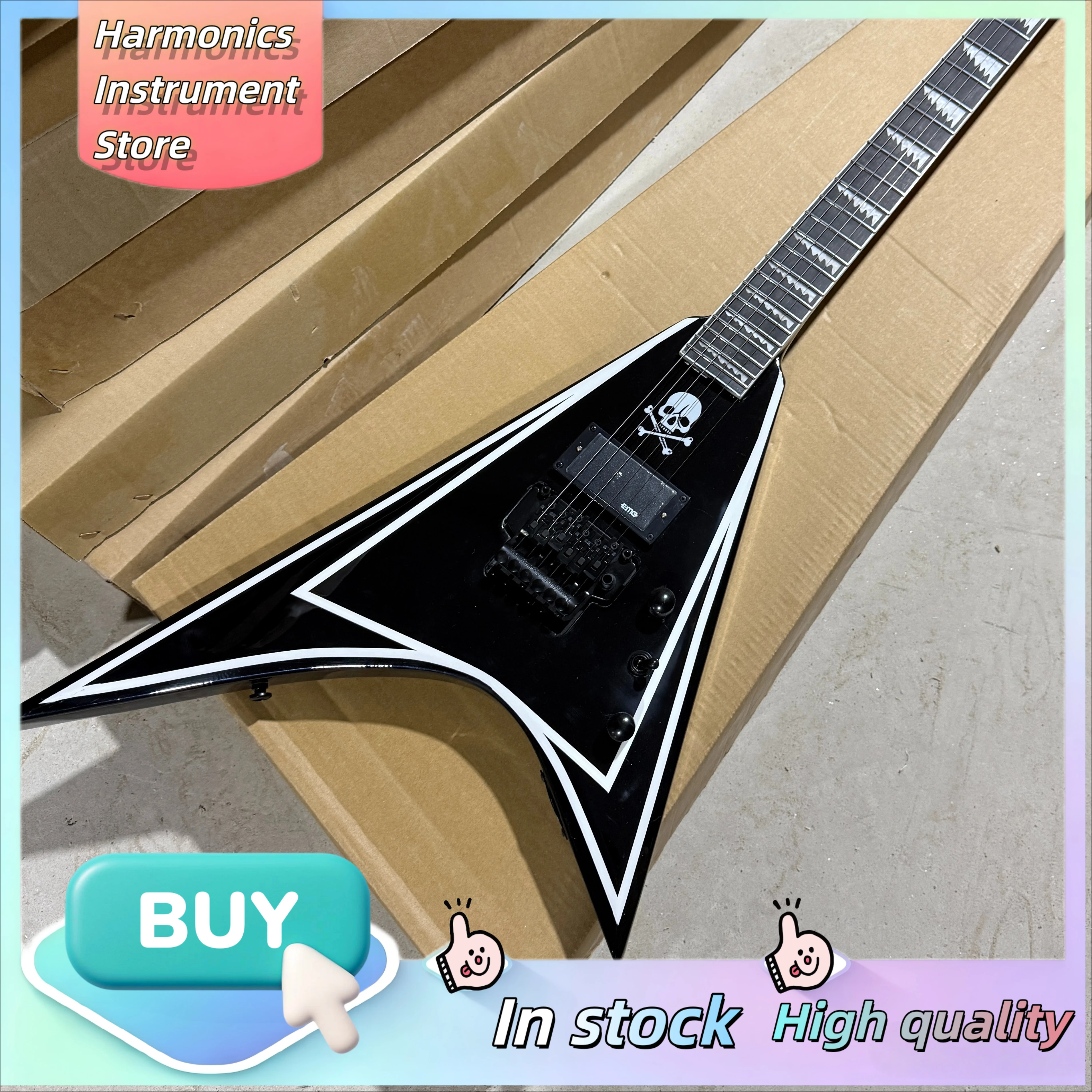 V-2 Style Electric Guitar Black Skull Humbucker Large Double Tremolo Thrash Metal Collector Musical Instrument