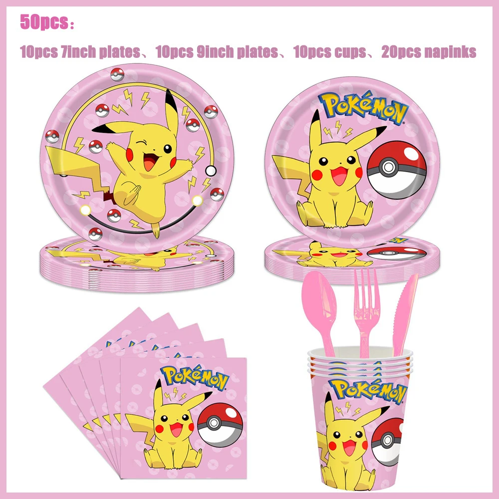 Pokemon Birthday Party Decorations Pikachu Tableware Paper Plates Napkins Cups Party Favor Baby Shower Supplies for Kids Gifts