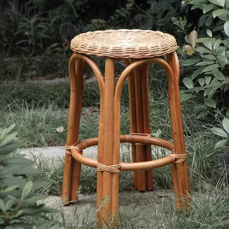 

B & B high stool bar stool household solid wood high stool bar front desk chair natural rattan round