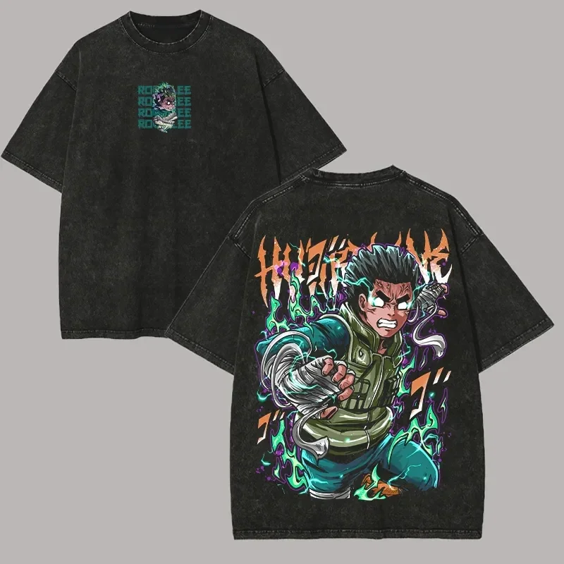 Rock Lee Hidden Lotus T-shirt Naruto Manga Tee Vintage Washed Oversized Retro Anime Harajuku Streetwear Graphic Tshirts Men