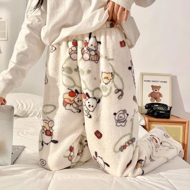 

Sanrio Pochacco Women's Y2K Pajama Pants Kawaii Cartoon Winter Sleeping Pants Coral Fleece Sleepwear Trousers Warm Homewear New