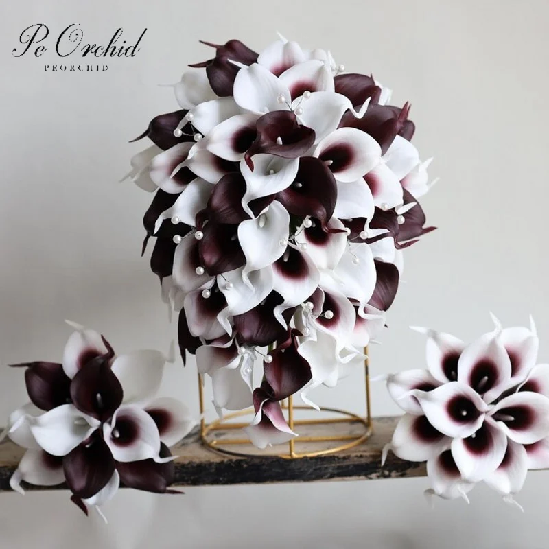 PEORCHID Pear Bride Flower Dark Burgundy Bridal Bouquet Real Touch Calla Lilies Dark Red Waterfall Wedding Bouquets Luxury 2025