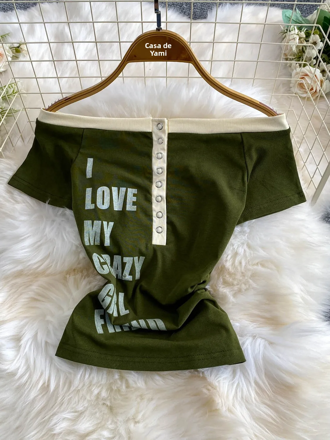 Sexy Short Sleeve Knitted T-Shirt Women's Summer Slim Fit High Waist Folded Letter Print Top Button Closure One Shoulder Design