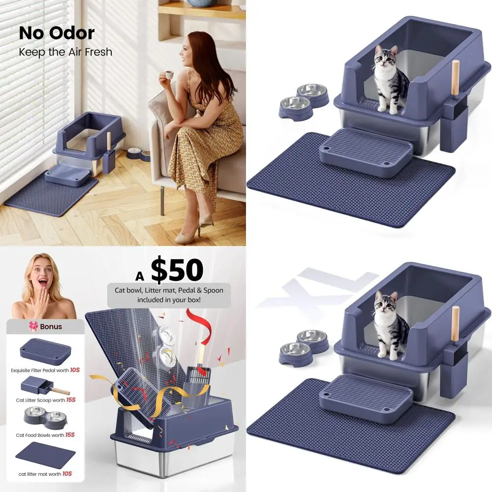 

Большой закрытый металлический ящик для кошачьего туалета с крышкой для плюшевых котяшек, высокосторонний, герметичный, легко чистится, с антипригарным покрытием, включает L