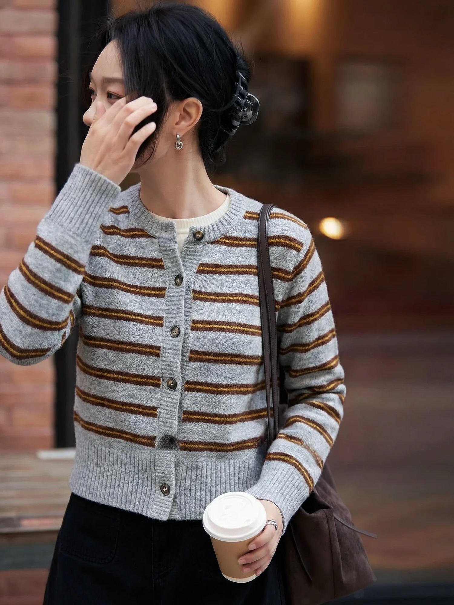 

Soft Alpaca Wool Knitted Cardigan Women's ort round Ne Sweater Spring Autumn New Sle Casual Loose Fit Breathable Skin-F...