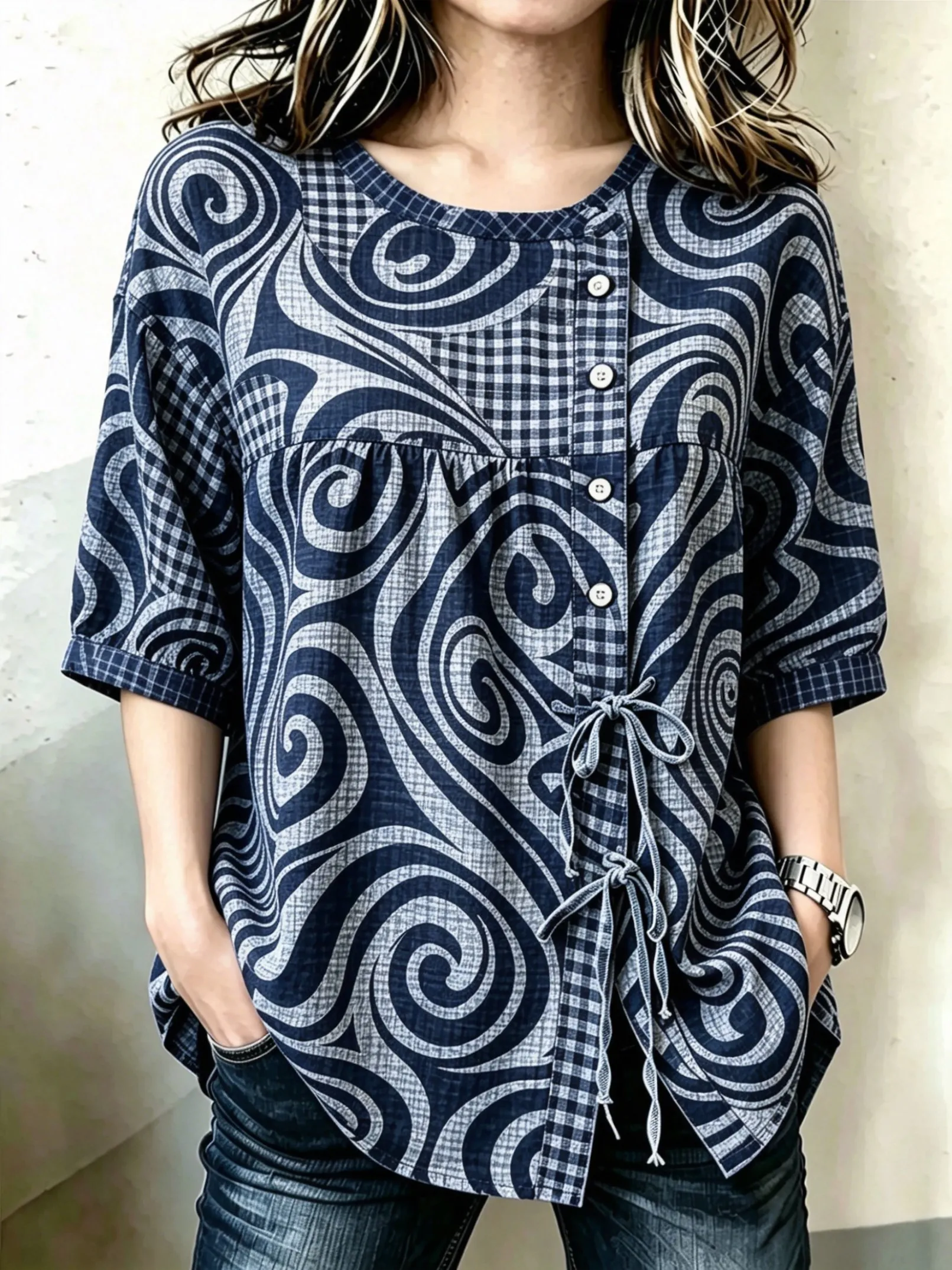 

Women's Navy Swirl & Plaid Print Drawstring Button Up Blouse, Casual Round Neck Tops for Spring Summer Daily Vacation Wear