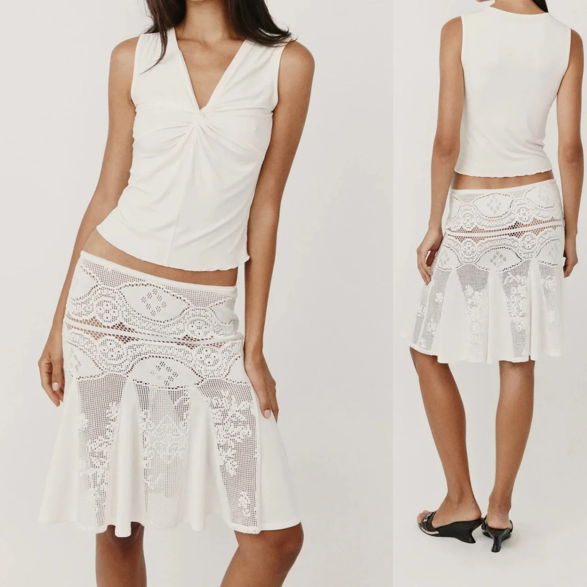Wj Twisted V-Neck Sleeveless Top with Hollow-Out Crochet Fishtail Skirt Two-Piece Set, Hollow-Out Jacquard Flared Fishtail Skirt, Slim-Fit Waist-Cinching Tank Top, Slim-Fit Sleeveless Crochet See-Through Fishtail Skirt