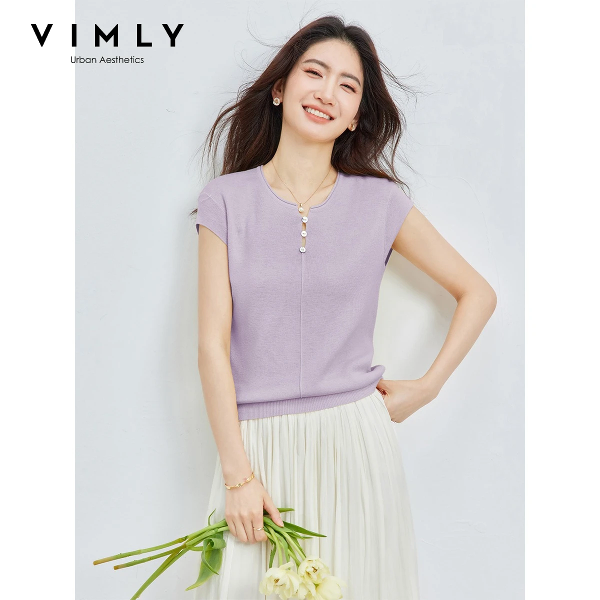 VIMLY Women's Fashion Versatile Purple Knitted T-shirt Summer 2026 New Hollow Design Crew Neck Sleeveless Casual Top 30922
