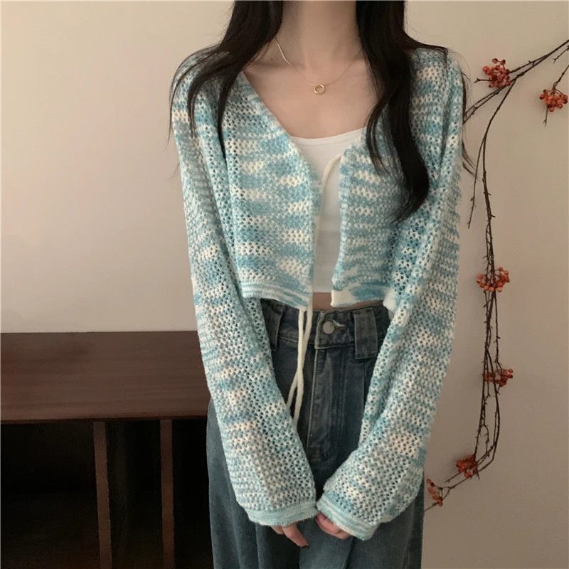 Hollow Out Cardigan Women Loose Tender Lace Up V-neck Summer Long Sleeve Outwear Sun-proof Popular Office Casual Young Ulzzang