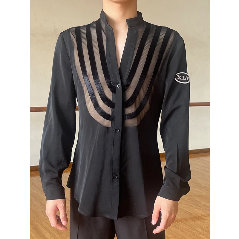 Adult Male latin Dance Clothes Men V Neck Striped Mesh Long Sleeves Shirts Cha Cha Ballroom Dance Competition Clothing DNV20845