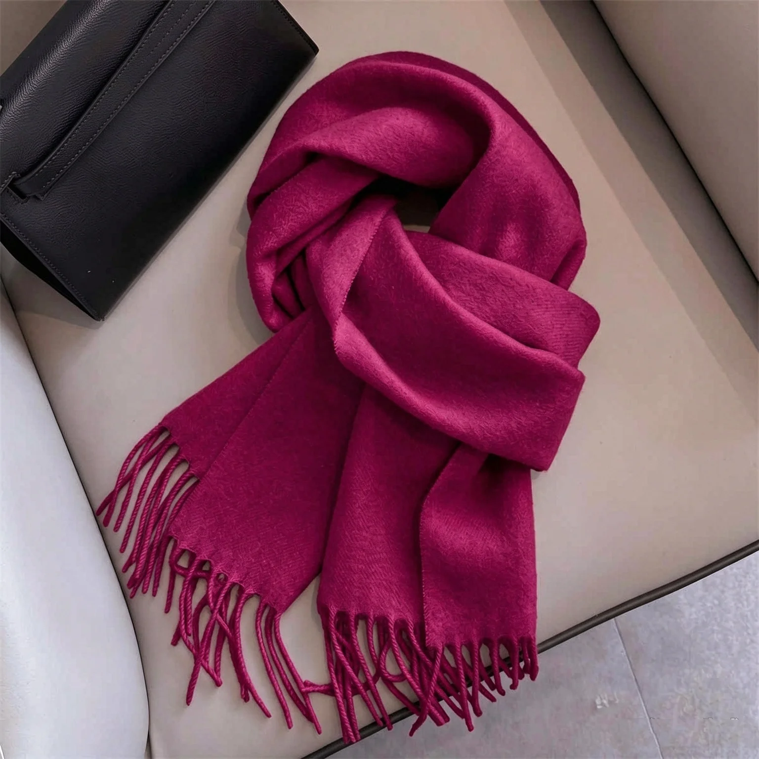 Female Warm Imitation Cashmere Solid Long Shawl Soft Drapable Texture Swing Fringe Tips Fashion Wrap For Winter Celebration