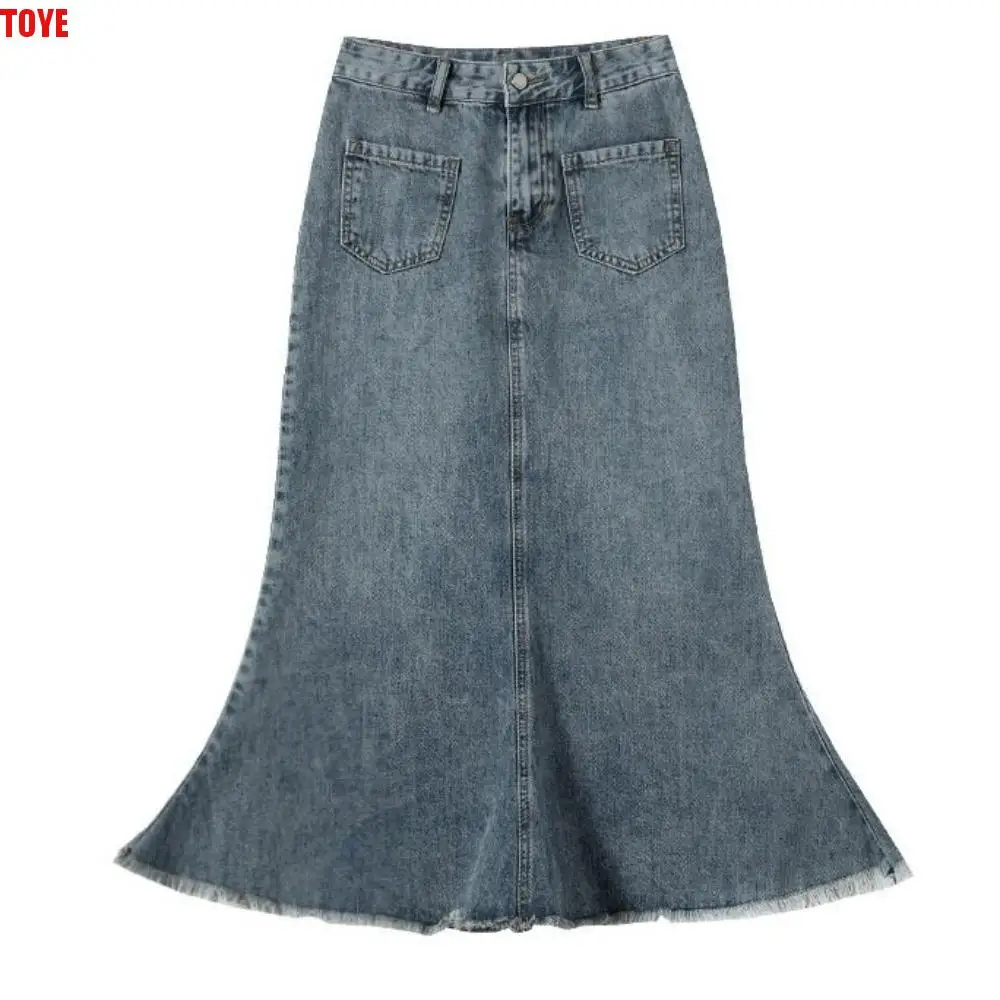 

Fashion High Waist Denim Skirt Women Retro Solid Color A-line Half Dress Chic Loose Hairy Fishtail Skirt Summer