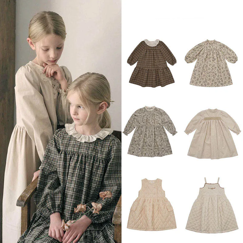 Autumn Winter Kids Girls Plaid Dress Vintage Padded Sleeveless Dress For 1-10Y Girls Floral Print Long Sleeve Toddler Girl Dress