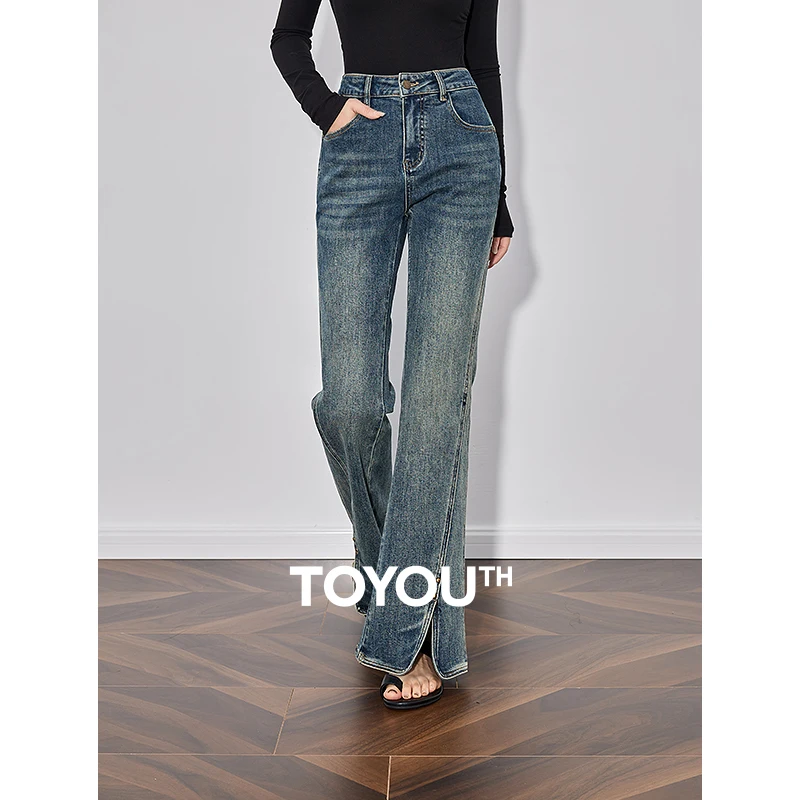 TOYOUTH Women Denim Jeans 2025 Spring New Mid Waist Open Split Flare Leg Long Pants