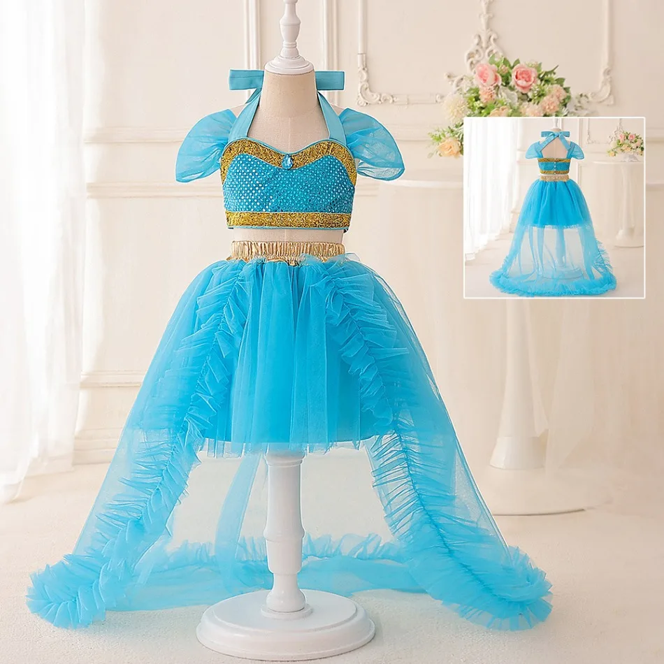 

Princess Jasmine Cosplay Party Girls Dresses Carnival Halloween Christmas Costume Sequin Princess Dress Tulle Birthday ASQ03