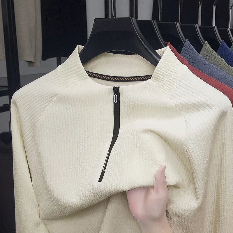 

Light Luxury High-quality Half Zipper Long Sleeved T-shirt Sweatshirt for Men's New Casual Breathable Solid Color Top Base Shirt