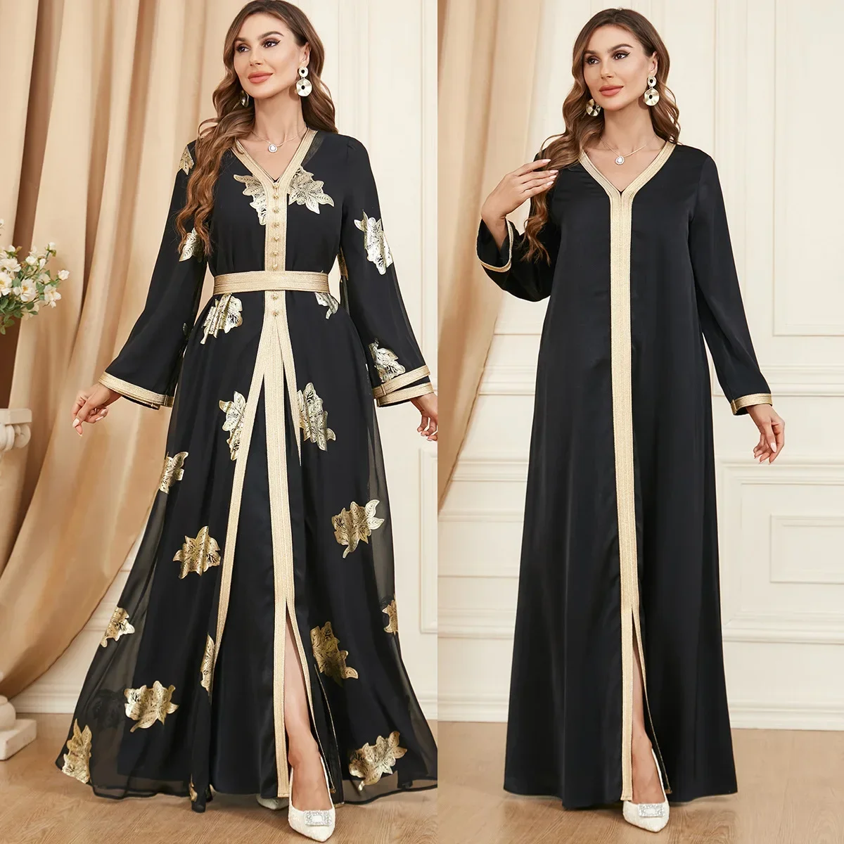 Ramadan Abaya for Women Printed Long Sleeve Moroccan Kaftan 2 Piece Dubai Gulf Jalabiya Muslim Sets Arabic Evening Dresses Black