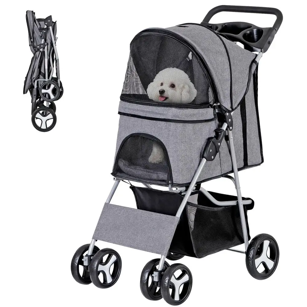Pet Stroller, Cat/Dog Stroller with 4 Wheel, Travel Carrier Strolling Cart with Storage Basket, Cup Holder (Grey)