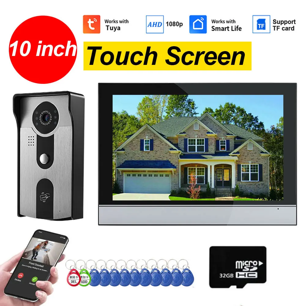 Wireless Tuya Wifi Video Doorbell System, 1080P Doorphone Door Camera, 10 Inch Touch Screen, Video Intercom 32GB SD card for Hom