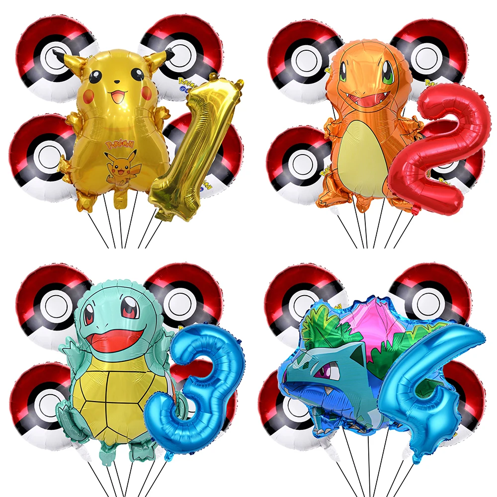 6 uds dibujos animados Pokemon Pikachu Charmander Squirtle Bulbasaur Poké bola número 0-9 juego de globos de aluminio tema de Anime para fiesta de cumpleaños