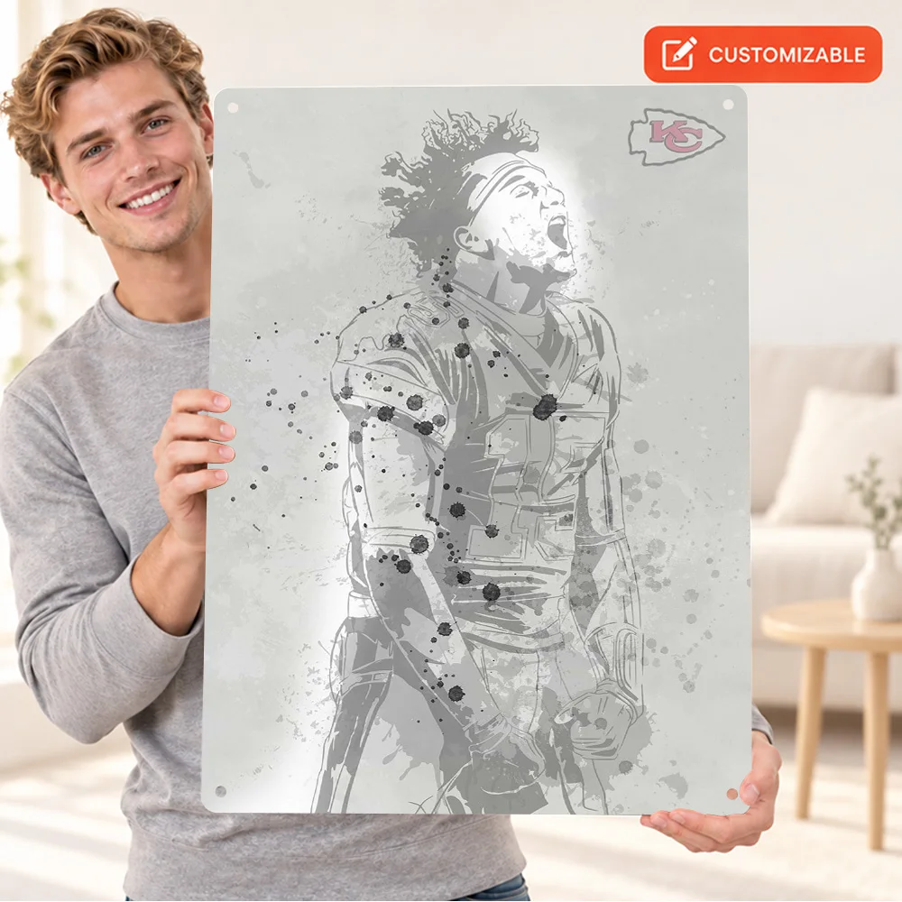 Patrick Mahomes American Football Player Textured Metal Poster Personalized Aluminum Sign Helmet Ink Wash Wall Art For Bedroom