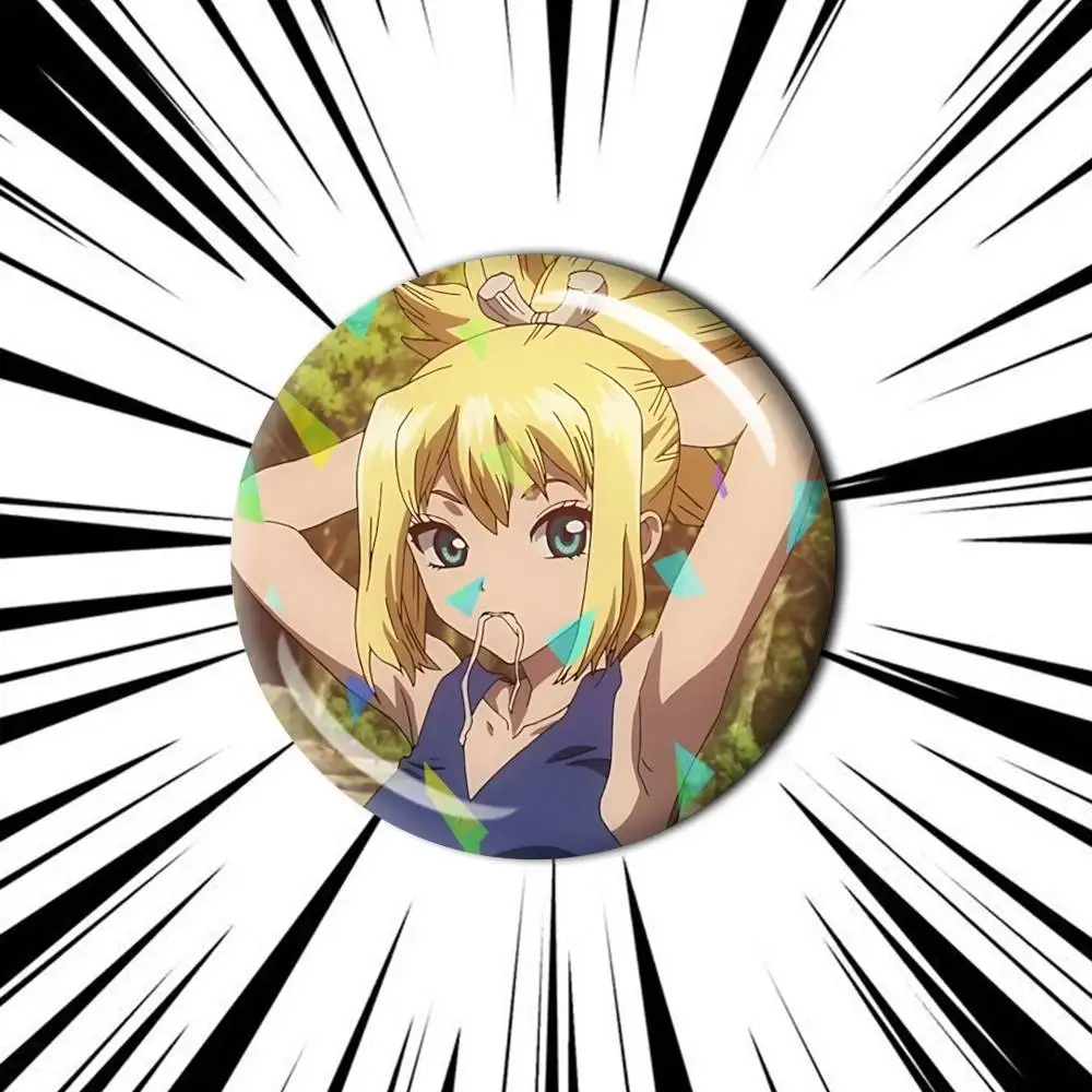 D-DrStone Anime S-Science Future Customizable Round Brooch Pins, Personalized Badges With Broken Glass Design Fashion Accessory