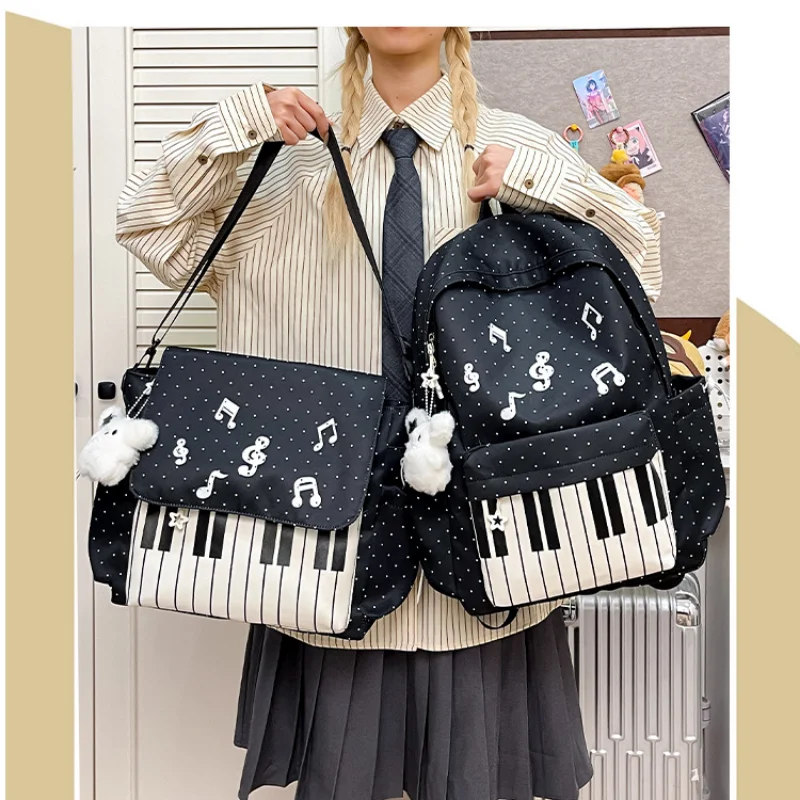 Korean Fashion Nylon Piano Backpack Musical Note Decor Lightweight Shoulder Bag Large Capacity Rucksack Travel Hiking Storage