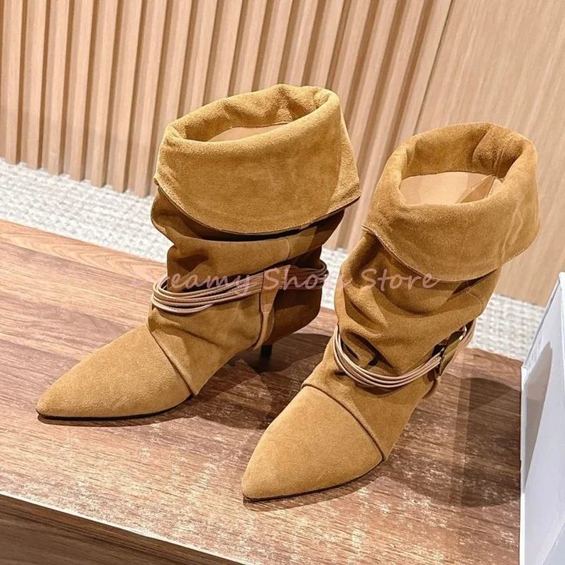 

Metal Decor Pleated Low Heel Pointed Ankle Boots Women Solid Fringe Turned Over Edge Short Boots Fashion Street Style Party Shoe