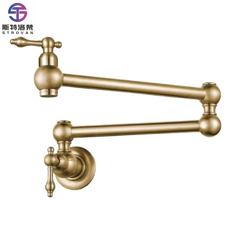 

Brushed Gold Foldable Kitchen Faucet Wall Mounted Single Cold Water Faucet Brass Rotate Folding Spout Pot Filler Tap