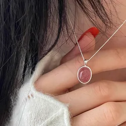 925 Sterling Silver Necklace Strawberry Pink Stone Pendant Round Geometric for Women Girl Jewelry Gift Dropshipping Wholesale