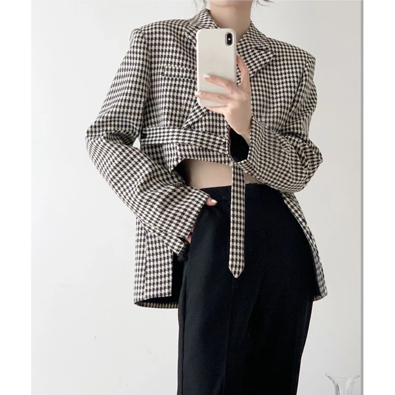 Autumn Winter Street Style Houndstooth Printed Irregular Blazers Female Loose Casual Tank Top Women Trend Fashion Cardigan Coat