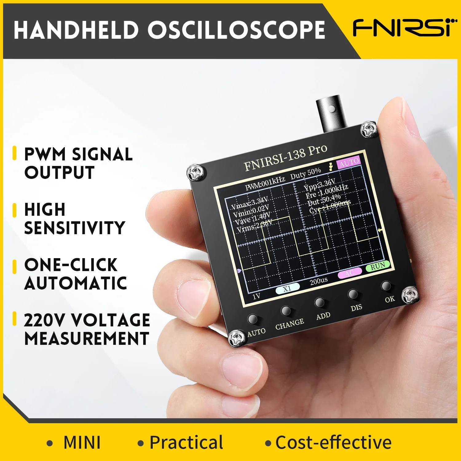 

FNIRSI 138PRO Handheld Digital Oscilloscope 2.5MSa/s 200KHz Analog Bandwidth Support AUTO,80Khz PWM And Firmware Update