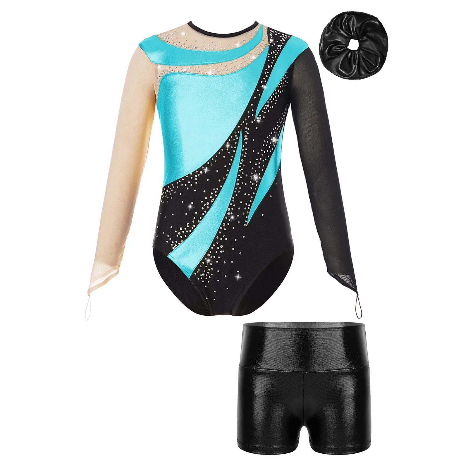 Kinder Mädchen Ballett Tanz Outfit Mesh Langarm Schlüssel loch zurück glänzenden Trikot mit Metallic Shorts rhythmische Gymnastik Overalls