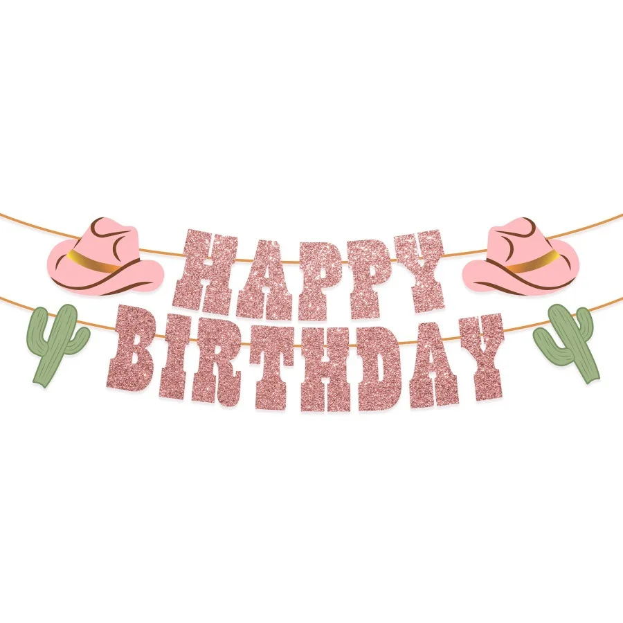 1 Set Western Cowgirl Cowboy Theme Glitter Happy Birthday Bunting Banner Garland for Boy Girl Birthday Party Decoration