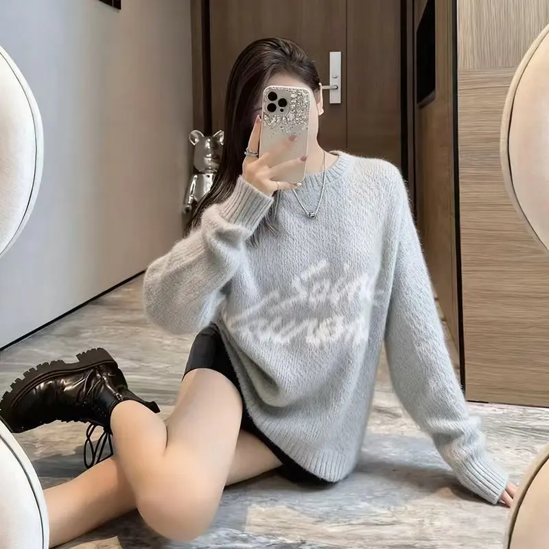 Otoño Invierno nuevas mujeres monograma Jacquard tejido cuello redondo suéter perezoso con Graffiti jerseys de manga larga jerseys Top 2025