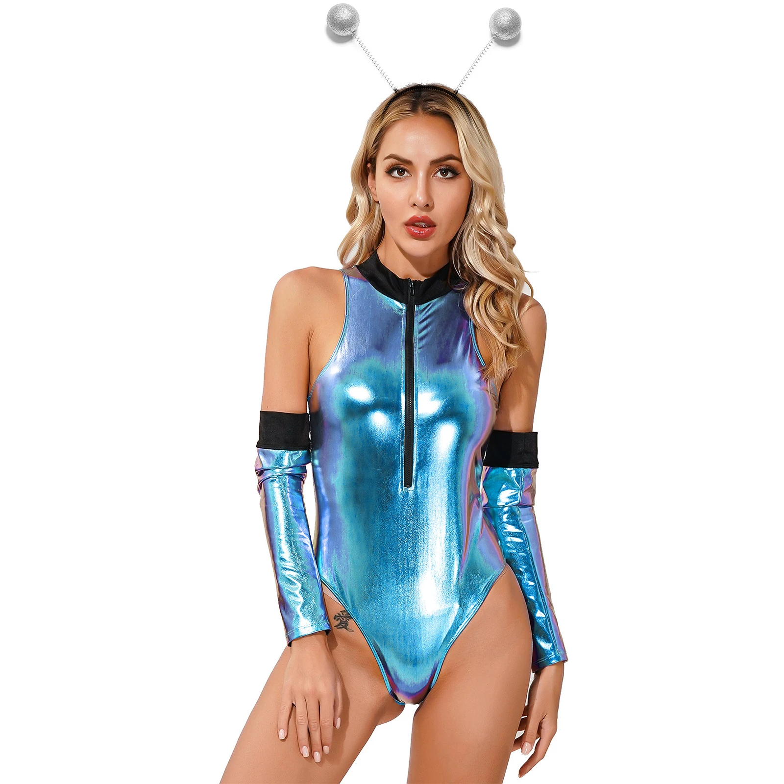 

Women Alien Outer Space Carnival Costume Shiny Sleeveless High Cut Bodysuit Catsuit with Arm Sleeves And Hair Hoop Headband Set