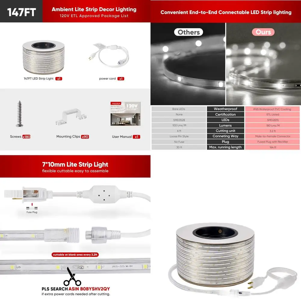 

108W Cold Resistant LED Strip Light, 6000K Cool White, 147ft, 120VAC, IP65 Waterproof, Cuttable & Connectable, ETL Listed