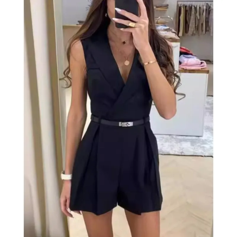 Elegant Women's Shorts Jumpsuit With Belt Fashion Sleeveless Turndown Collar Slim Short Jumpsuits Female 2025 Summer Lady Romper