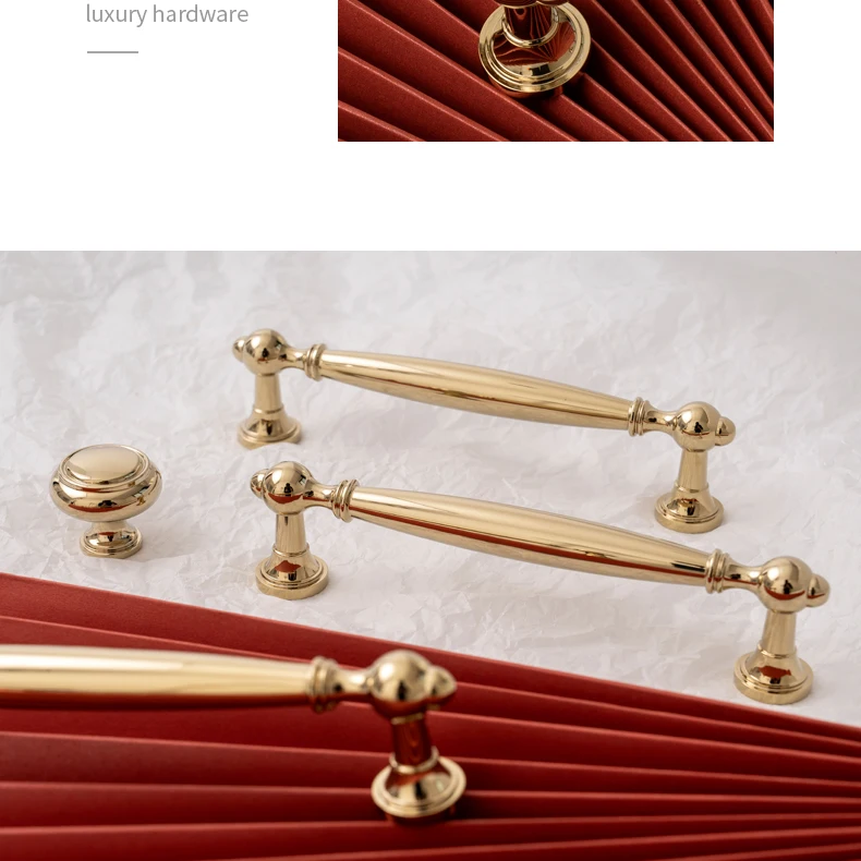 Gold handle styles displayed on red and white surfaces