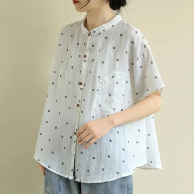 2024 Nieuwe Koreaanse Versie Pendelen Minimalistische Casual Blouses Met Korte Mouwen En Ronde Hals Bedrukte Polka Dot Pocket Dames Shirt Top