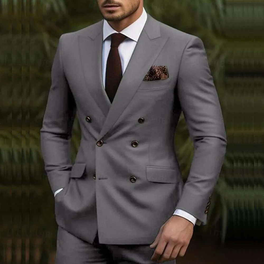 

Luxury Dark Grey Men's Suits Blazer High Quality Double Breasted Peak Lapel Outfits Customized 2 Piece Jacket Pants Outfits 2025